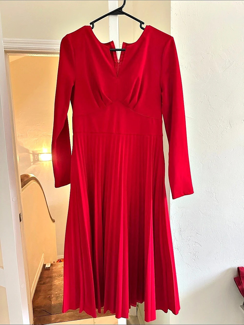 Long Sleeve Pleated Maxi Dress in Red Like New